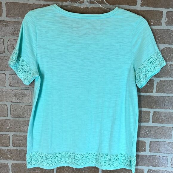 Talbots Top Green Shirt Crochet Trim Women’s Slub Knit Medium Pretty! - Picture 2 of 6